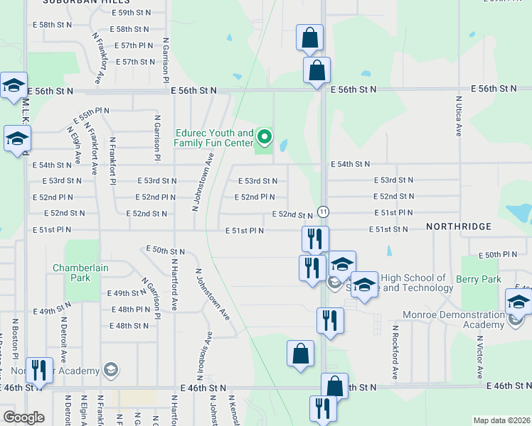 map of restaurants, bars, coffee shops, grocery stores, and more near 864 East 52nd Place North in Tulsa