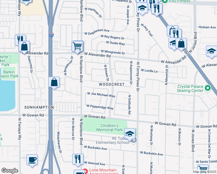 map of restaurants, bars, coffee shops, grocery stores, and more near 6536 West Pleasant Plains Way in Las Vegas