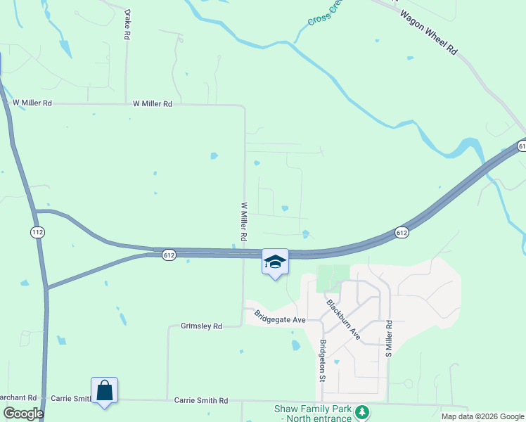 map of restaurants, bars, coffee shops, grocery stores, and more near 7746 West Miller Road in Springdale