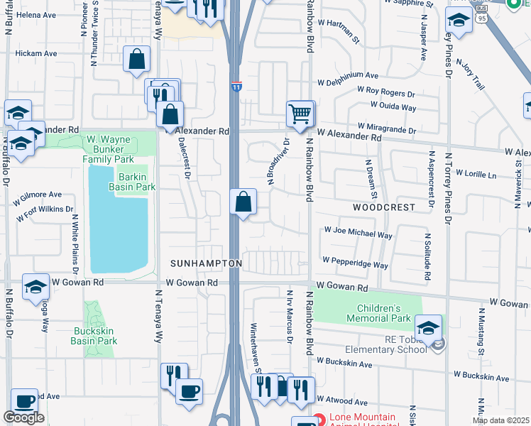 map of restaurants, bars, coffee shops, grocery stores, and more near 3740 North Broadriver Drive in Las Vegas