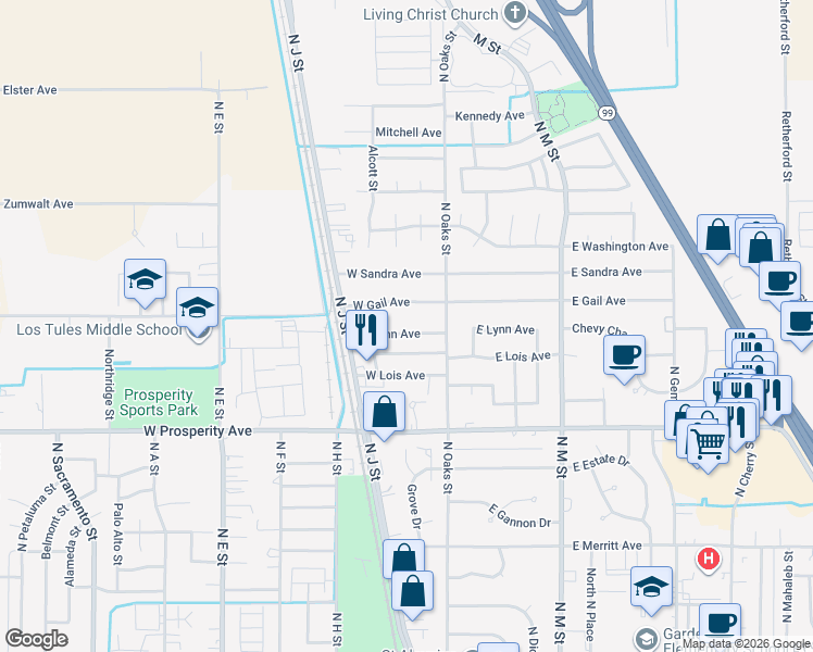 map of restaurants, bars, coffee shops, grocery stores, and more near 217 West Gail Avenue in Tulare