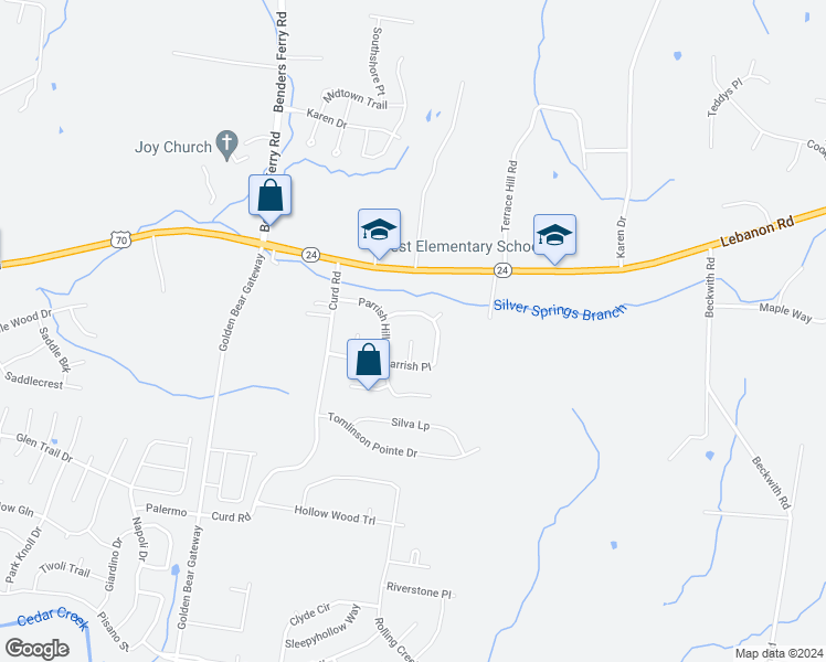 map of restaurants, bars, coffee shops, grocery stores, and more near 608 Parrish Wood in Mount Juliet
