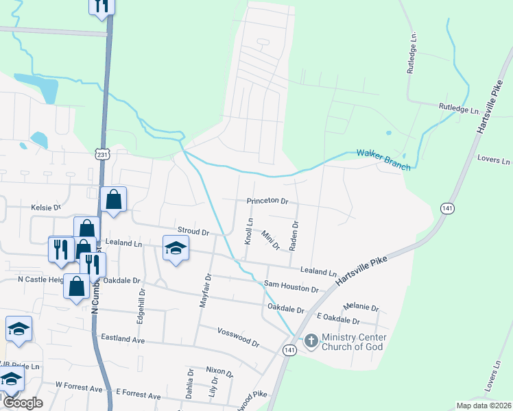 map of restaurants, bars, coffee shops, grocery stores, and more near 1401 Knoll Lane in Lebanon