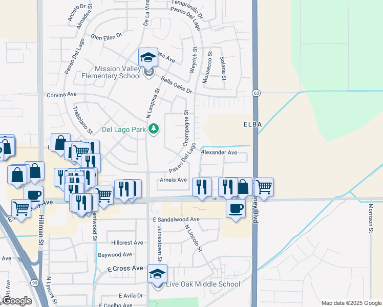map of restaurants, bars, coffee shops, grocery stores, and more near 1630 Paseo Del Lago in Tulare