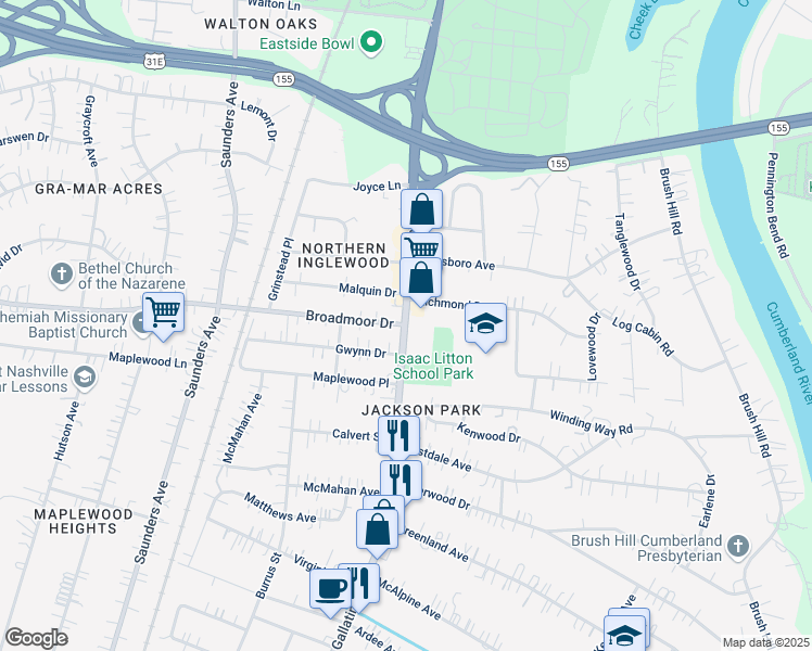 map of restaurants, bars, coffee shops, grocery stores, and more near Gallatin Pike & Broadmoor Dr in Nashville