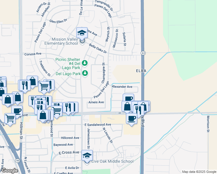 map of restaurants, bars, coffee shops, grocery stores, and more near 1904 Alexander Avenue in Tulare
