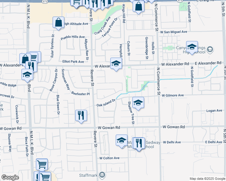 map of restaurants, bars, coffee shops, grocery stores, and more near 3825 Manhattan Bridge Place in North Las Vegas