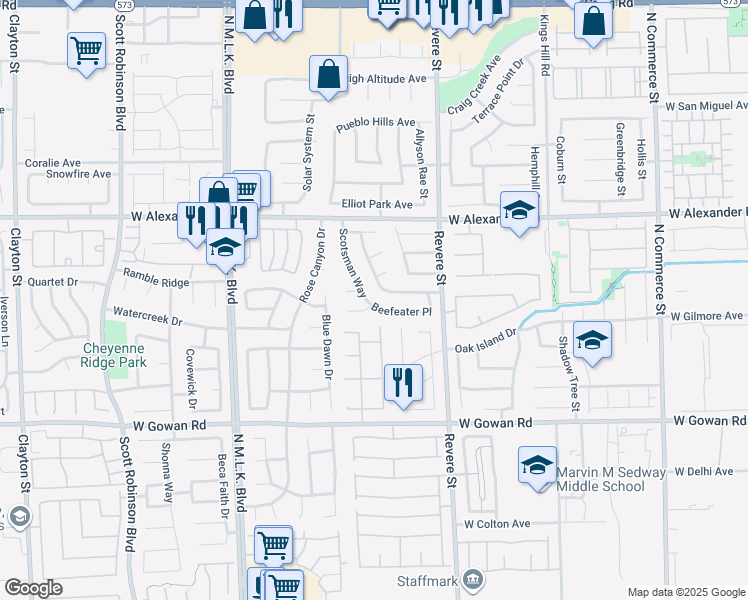 map of restaurants, bars, coffee shops, grocery stores, and more near 3810 Scotsman Way in North Las Vegas