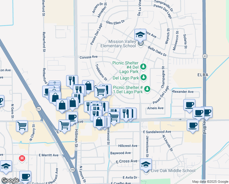 map of restaurants, bars, coffee shops, grocery stores, and more near 1562 Mirasson Court in Tulare