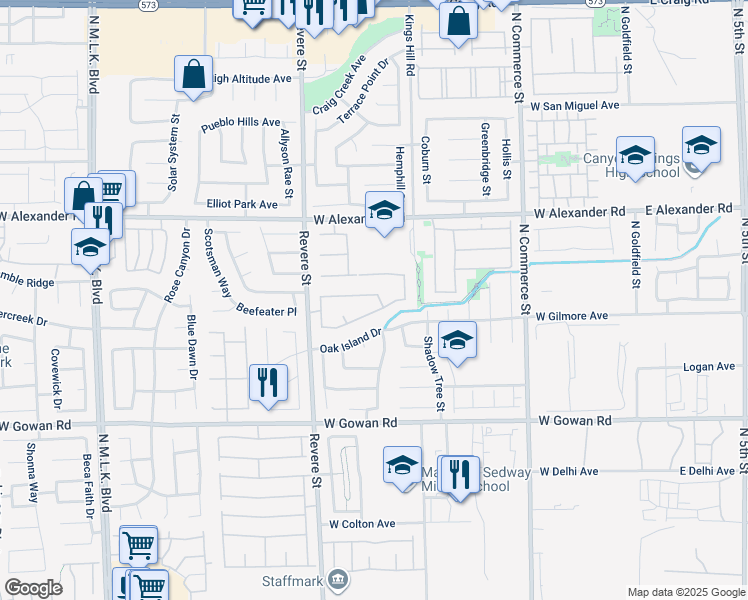map of restaurants, bars, coffee shops, grocery stores, and more near 3825 Manhattan Bridge Place in North Las Vegas