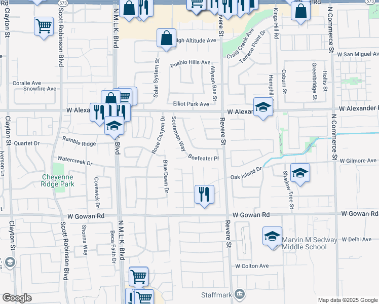 map of restaurants, bars, coffee shops, grocery stores, and more near 3810 Scotsman Way in North Las Vegas