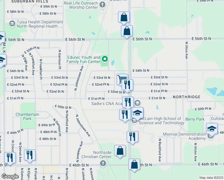 map of restaurants, bars, coffee shops, grocery stores, and more near 1025 East 52nd Street North in Tulsa