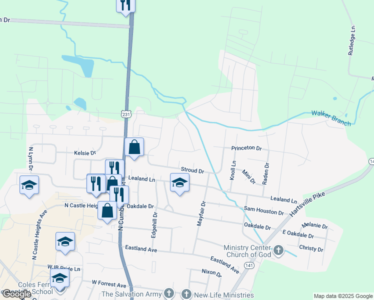map of restaurants, bars, coffee shops, grocery stores, and more near 209 Princeton Drive in Lebanon