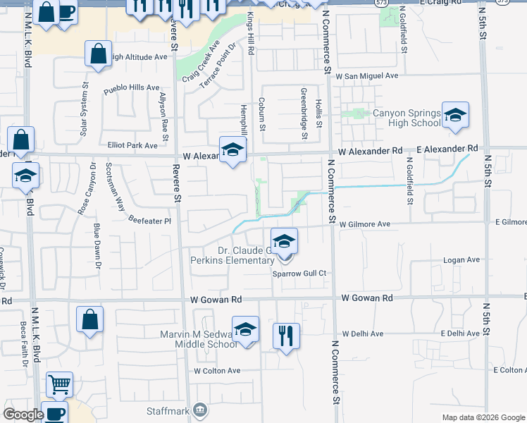 map of restaurants, bars, coffee shops, grocery stores, and more near 3827 Blue Gull Street in North Las Vegas