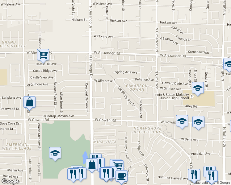 map of restaurants, bars, coffee shops, grocery stores, and more near 3705 Copper Cactus Drive in Las Vegas