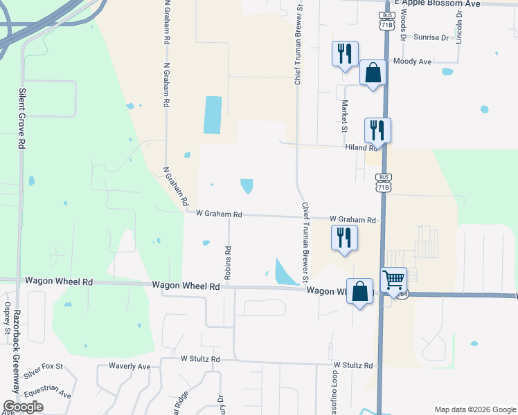 map of restaurants, bars, coffee shops, grocery stores, and more near 1514 West Graham Road in Bethel Heights