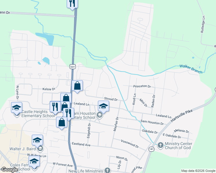 map of restaurants, bars, coffee shops, grocery stores, and more near 209 Princeton Drive in Lebanon