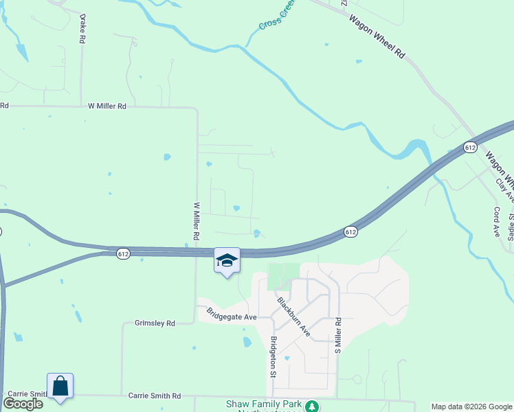 map of restaurants, bars, coffee shops, grocery stores, and more near 7746 West Miller Road in Springdale