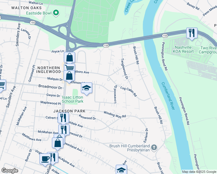 map of restaurants, bars, coffee shops, grocery stores, and more near 1211 Richmond Drive in Nashville