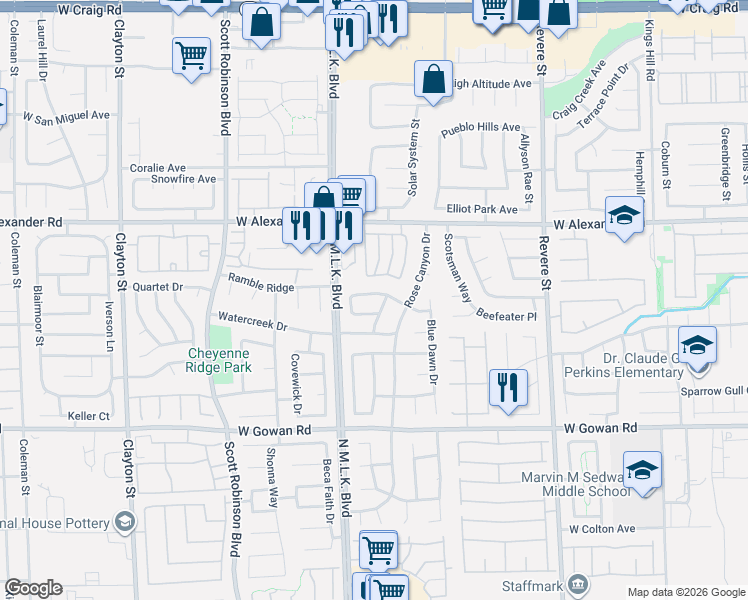 map of restaurants, bars, coffee shops, grocery stores, and more near 1316 Frost Flower Drive in North Las Vegas