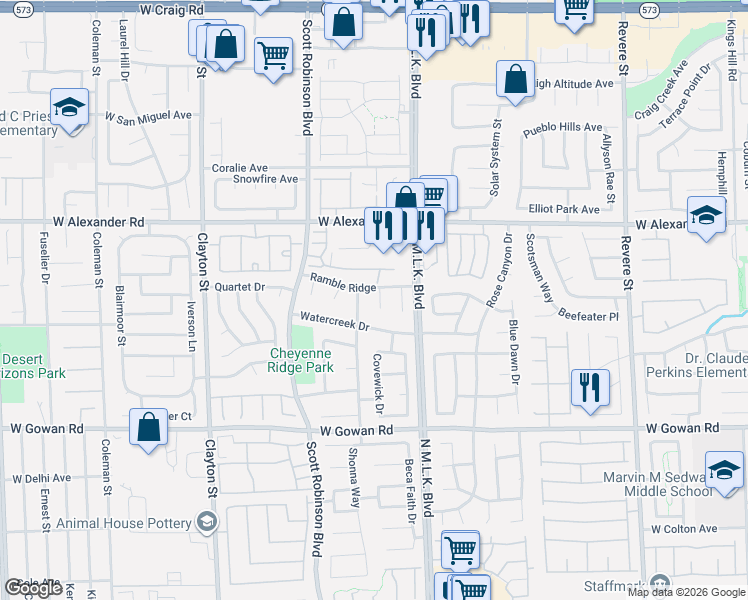 map of restaurants, bars, coffee shops, grocery stores, and more near 3840 Quail Creek Drive in North Las Vegas