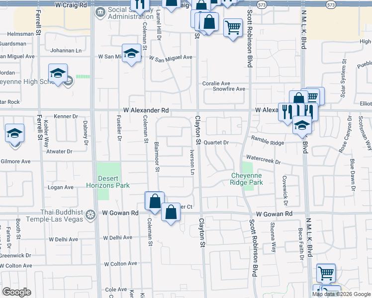 map of restaurants, bars, coffee shops, grocery stores, and more near 3840 Iverson Lane in North Las Vegas