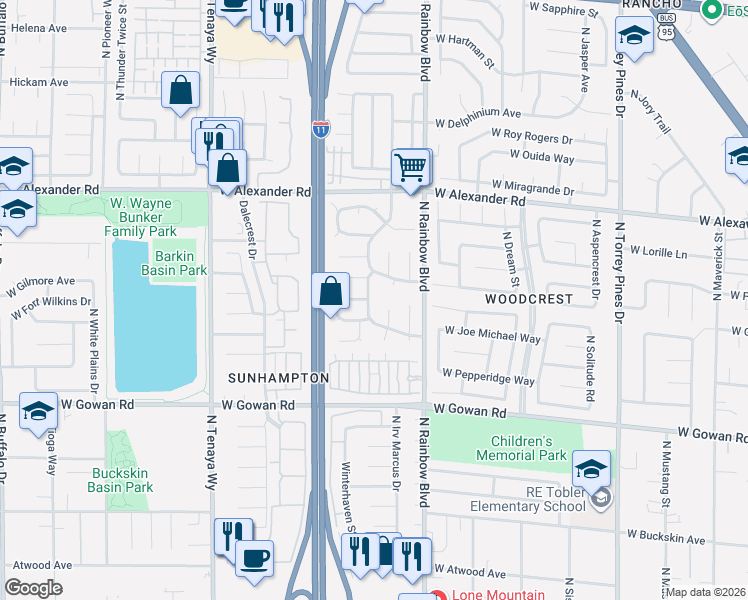 map of restaurants, bars, coffee shops, grocery stores, and more near 3756 North Broadriver Drive in Las Vegas