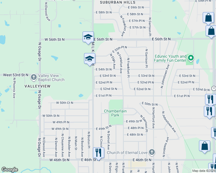 map of restaurants, bars, coffee shops, grocery stores, and more near 254 East 52nd Place North in Tulsa