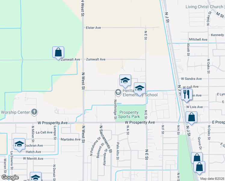map of restaurants, bars, coffee shops, grocery stores, and more near 895 West Gail Avenue in Tulare