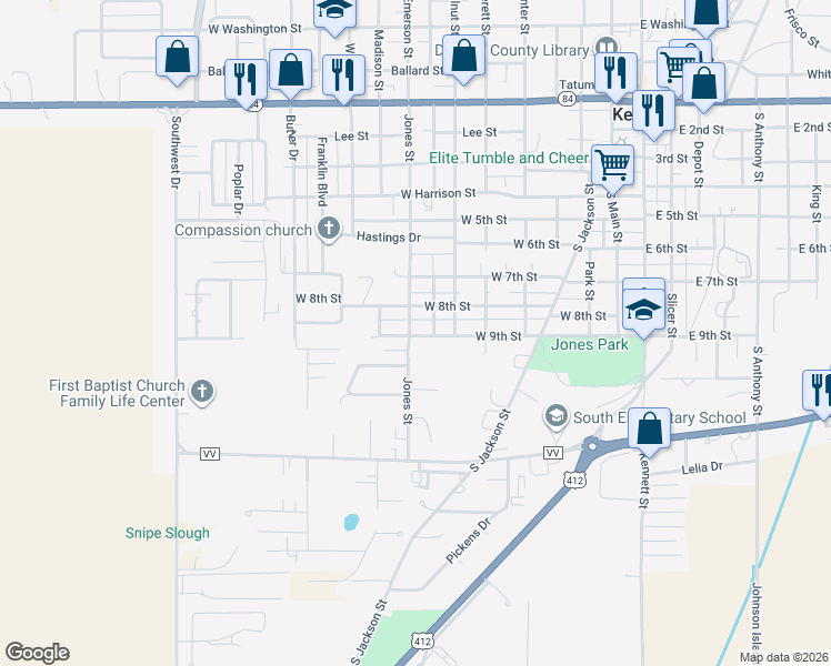 map of restaurants, bars, coffee shops, grocery stores, and more near 936 Jones Street in Kennett