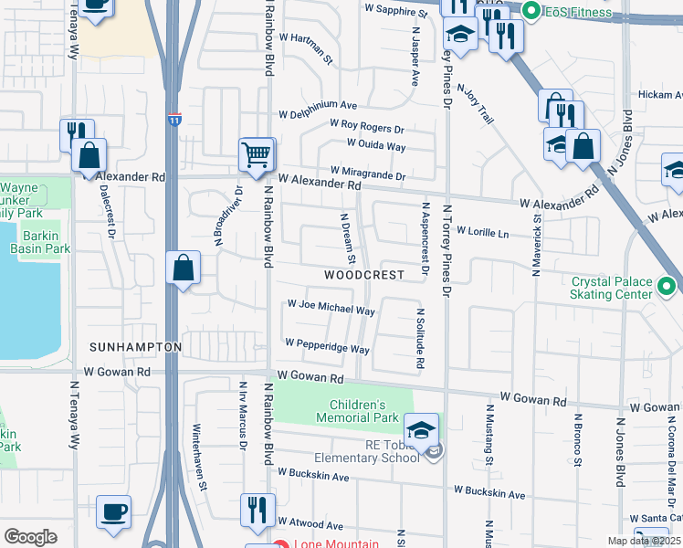 map of restaurants, bars, coffee shops, grocery stores, and more near 6545 West Gatehouse Lane in Las Vegas