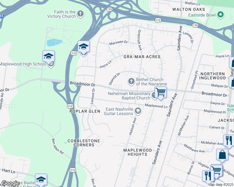 map of restaurants, bars, coffee shops, grocery stores, and more near 430 Broadmoor Drive in Nashville