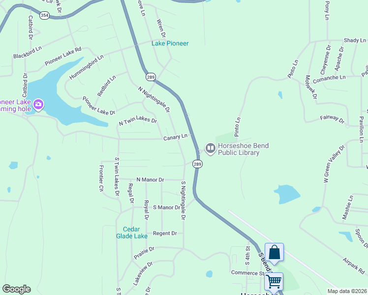 map of restaurants, bars, coffee shops, grocery stores, and more near 104 North Nightingale Drive in Horseshoe Bend