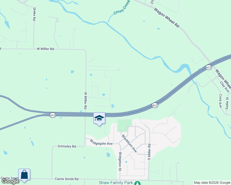 map of restaurants, bars, coffee shops, grocery stores, and more near 7746 West Miller Road in Springdale