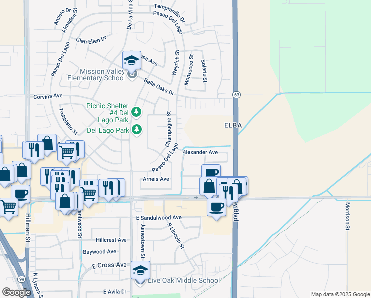 map of restaurants, bars, coffee shops, grocery stores, and more near 1904 Alexander Avenue in Tulare