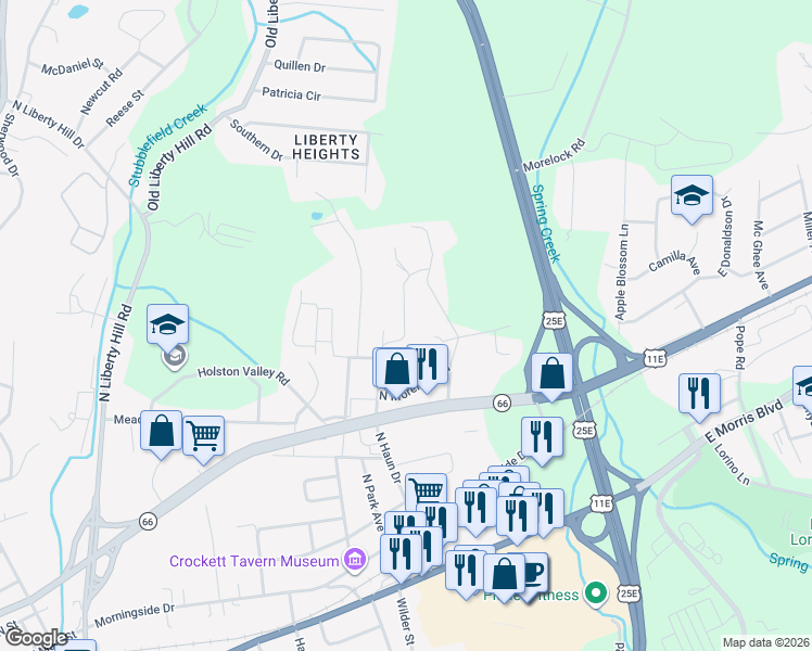 map of restaurants, bars, coffee shops, grocery stores, and more near 711 Bell Road in Morristown