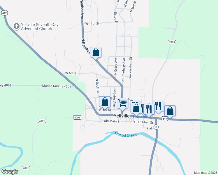 map of restaurants, bars, coffee shops, grocery stores, and more near 311 West 5th Street in Yellville