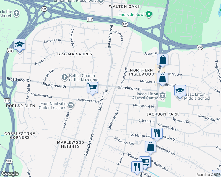 map of restaurants, bars, coffee shops, grocery stores, and more near 4314 Saunders Avenue in Nashville
