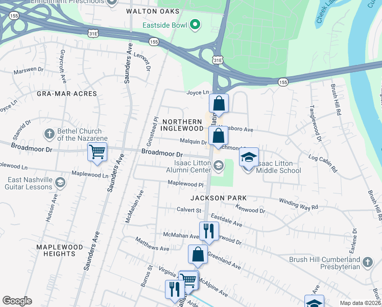 map of restaurants, bars, coffee shops, grocery stores, and more near 1007 Broadmoor Drive in Nashville