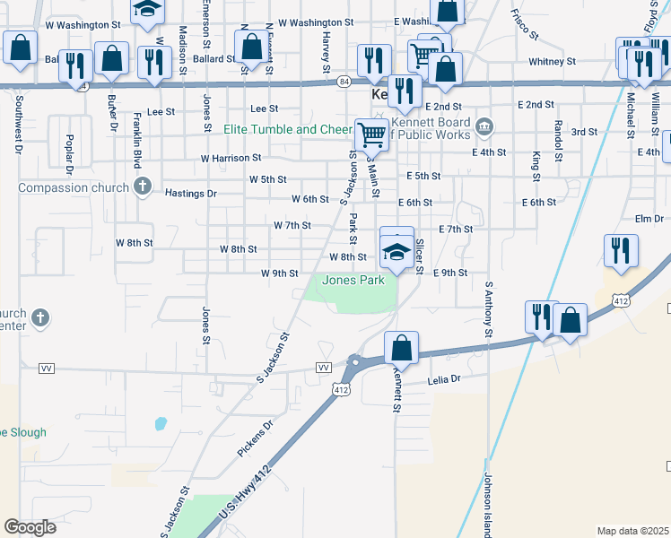 map of restaurants, bars, coffee shops, grocery stores, and more near 208 West 9th Street in Kennett