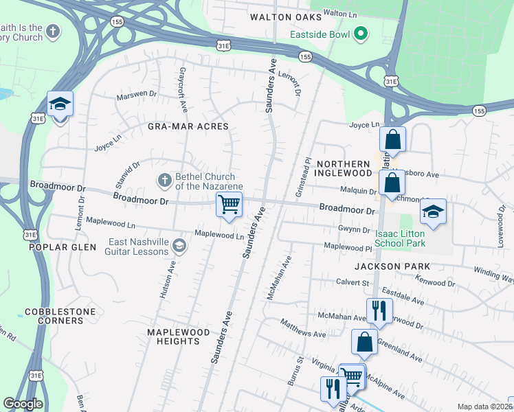 map of restaurants, bars, coffee shops, grocery stores, and more near 4311 Saunders Avenue in Nashville
