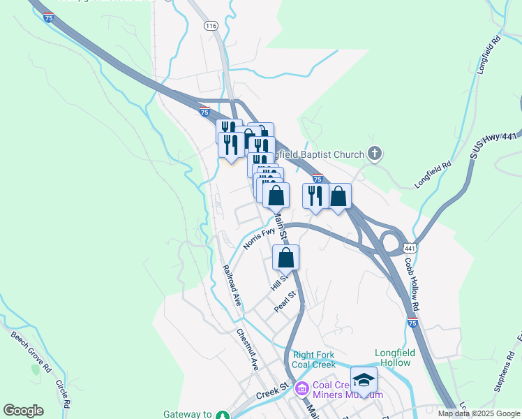 map of restaurants, bars, coffee shops, grocery stores, and more near 516 Wallace Avenue in Rocky Top