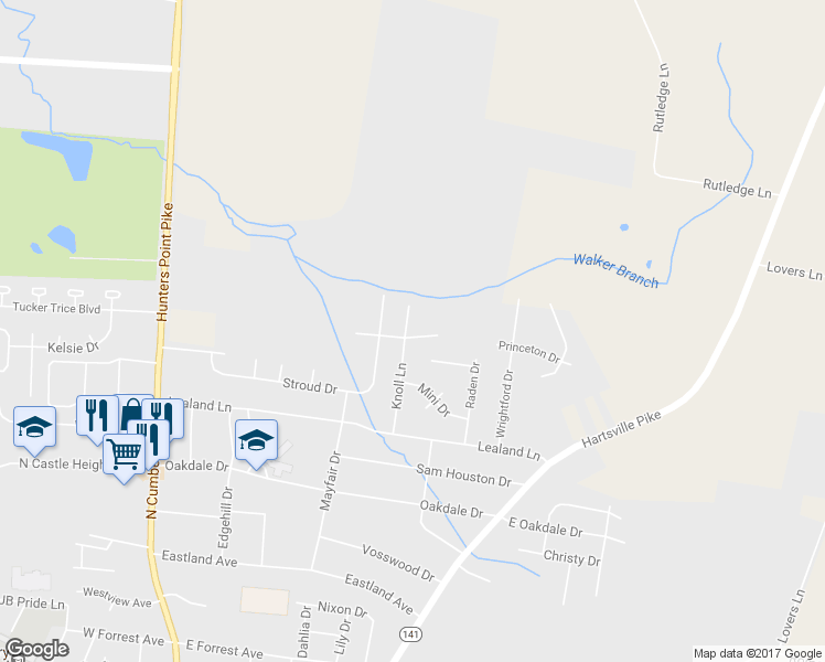 map of restaurants, bars, coffee shops, grocery stores, and more near 1401 Knoll Lane in Lebanon