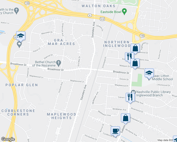 map of restaurants, bars, coffee shops, grocery stores, and more near 4311 Saunders Avenue in Nashville