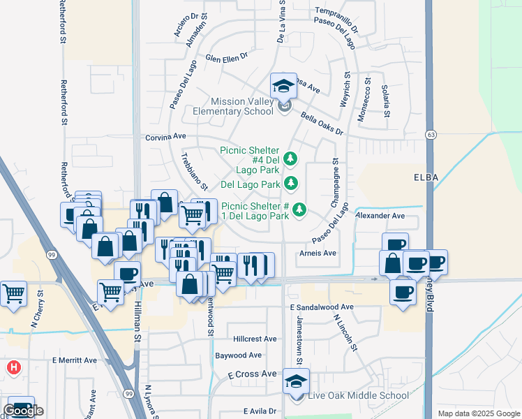 map of restaurants, bars, coffee shops, grocery stores, and more near 1518 Mateus Avenue in Tulare