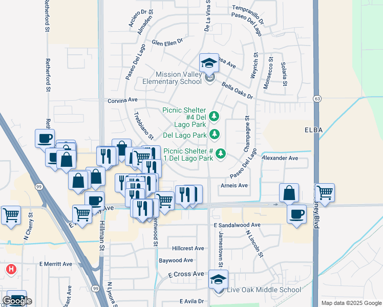 map of restaurants, bars, coffee shops, grocery stores, and more near 1518 Mateus Avenue in Tulare