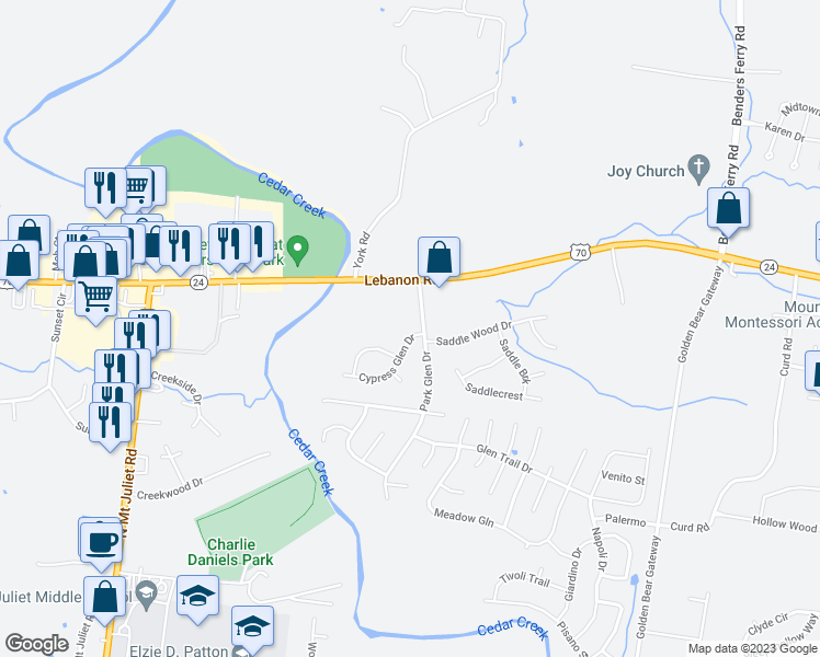 map of restaurants, bars, coffee shops, grocery stores, and more near 302 Cypress Glen Drive in Mt. Juliet