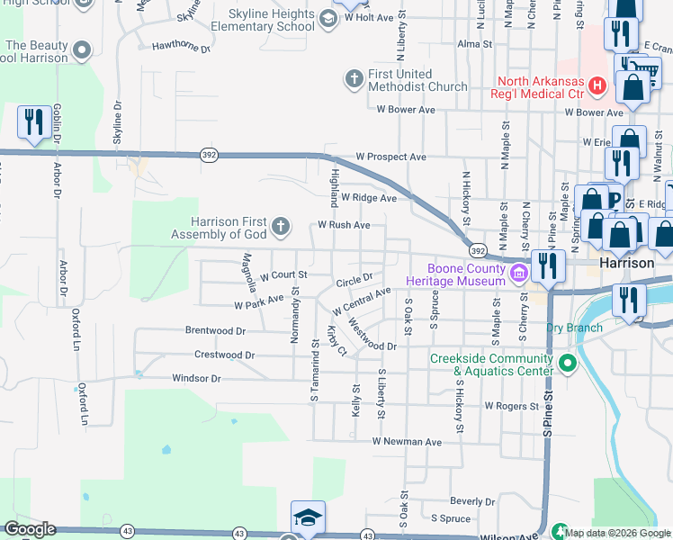map of restaurants, bars, coffee shops, grocery stores, and more near 117 South Highland in Harrison