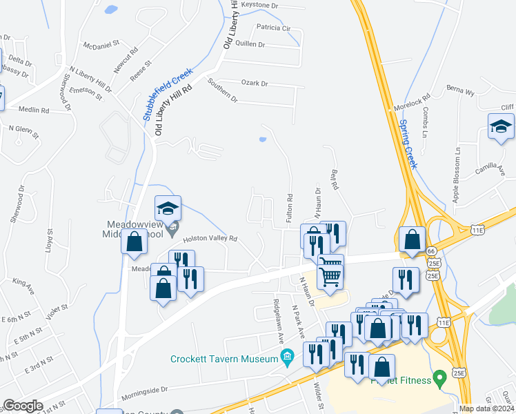 map of restaurants, bars, coffee shops, grocery stores, and more near 807 Eastwood Circle in Morristown
