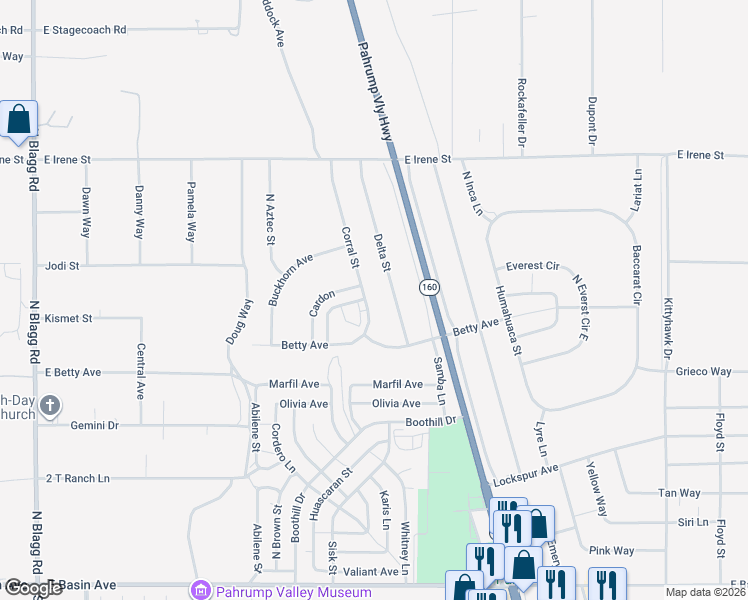 map of restaurants, bars, coffee shops, grocery stores, and more near 651 Corral Street in Pahrump